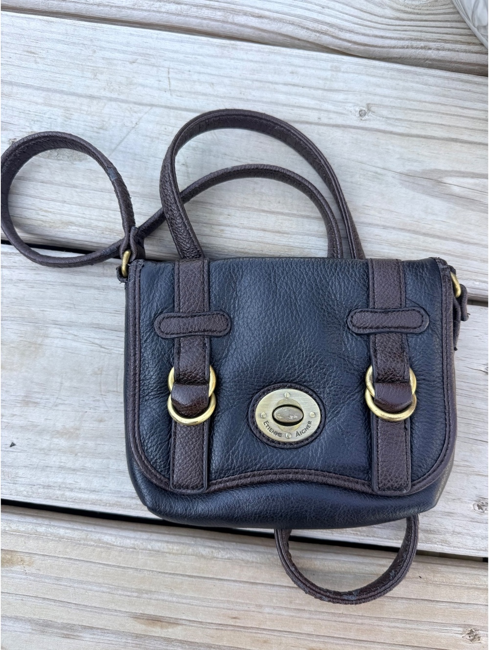 Vintage Etienne Aigner Black Brown Leather Crossbody Bag Brass Turnlock
